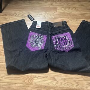 Phat Farm Jeans NWT Size 12 Black Purple Griffin Embroidered FH78578